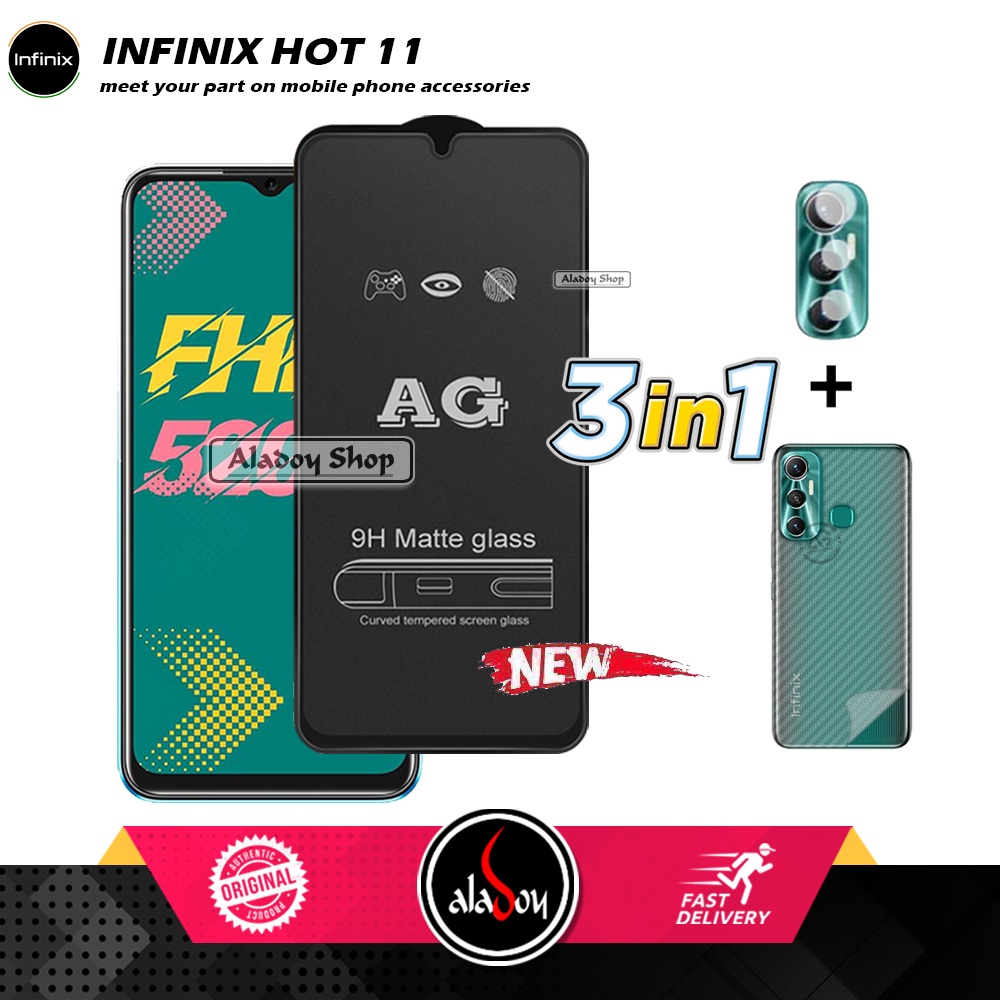 Paket 3IN1 Tempered Glass Layar Matte Anti Glare Infinix Hot 11 Free Tempered Glass Camera dan Skin Carbon