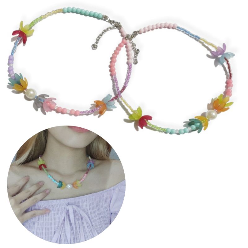 Claudia Flowery Colorful Necklace Kalung Beads Kelopak Bunga Warna Warni