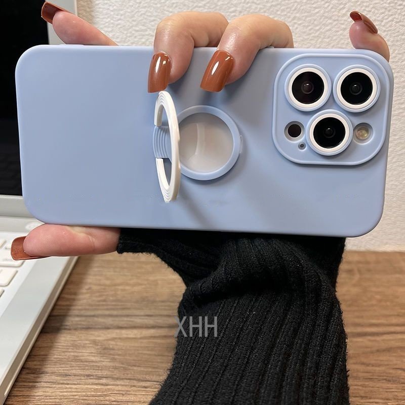 Soft Case Pelindung Mata Warna Solid Dengan Bracket Cincin Jari Untuk iPhone 14 13 12 11 Pro X XS Max XR 7 8 Plus