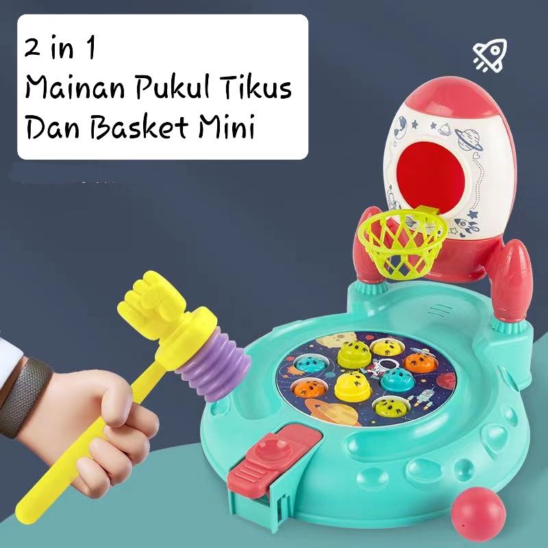 [tma]Mainan Anak Pukul Tikus Kombinasi Mini Game Basket Roket / Mainan Basket