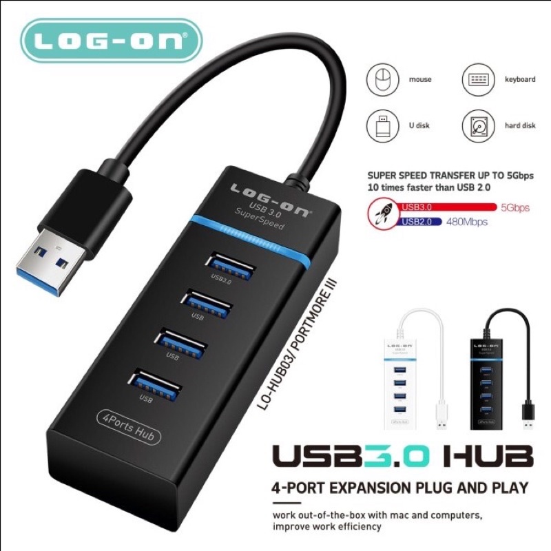 USB HUB LOG ON LO-HUB03 3.0 4 PORT PLUG AND PLAY