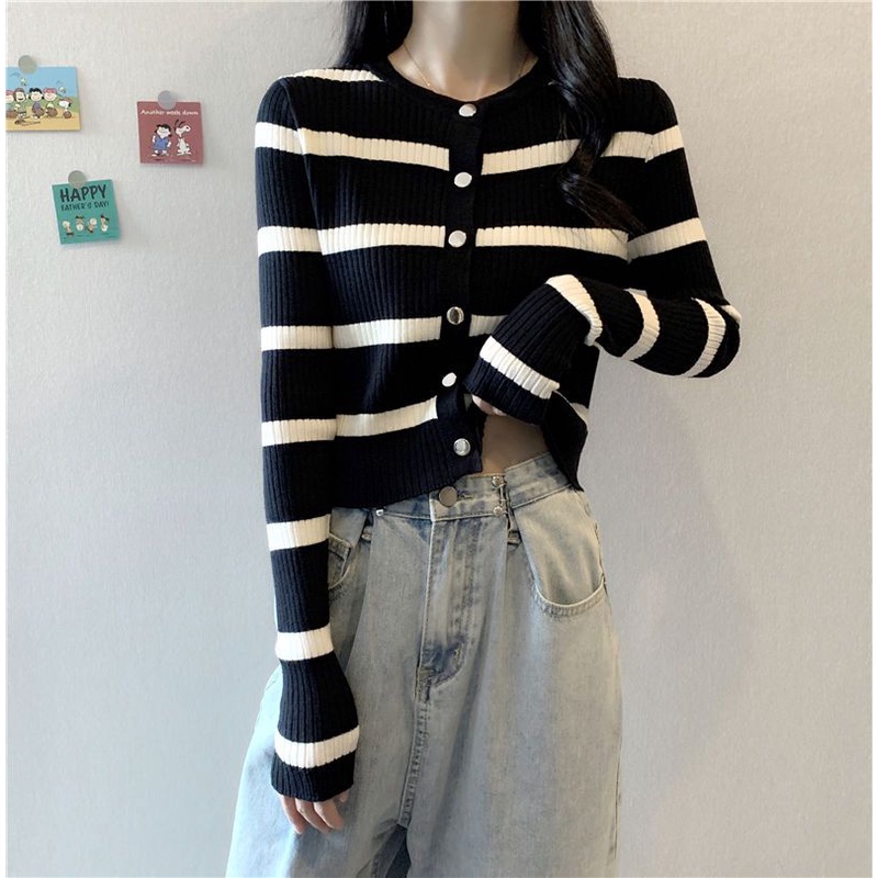 Cardigan Kancing Rajut Wanita Panjang Stripe Lengan Panjang Casual Top