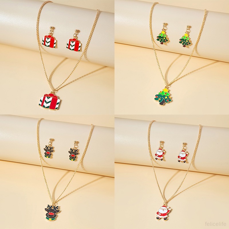 Set Perhiasan Kalung Dan Anting Motif Kartun Rusa Untuk Hadiah Natal