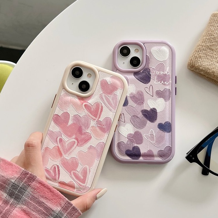 Leather Case HP IPhone 11 12 13 14 Pro Max 14 Plus iPhone XR XS Max Anti falling Casing iPHONE 13 Pink Purple Love Heart Cover Girl Women Pretty Ins