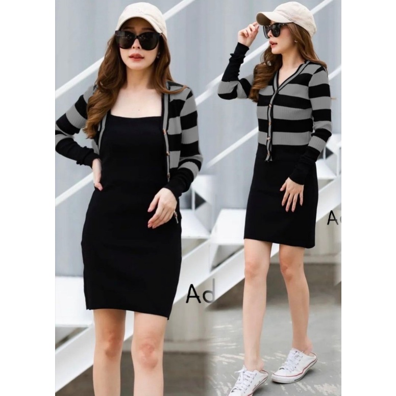 Dress Halay + Cardi - Mini Dress Wanita Terbaru - Dress Rajut Perempuan - Casual Dress