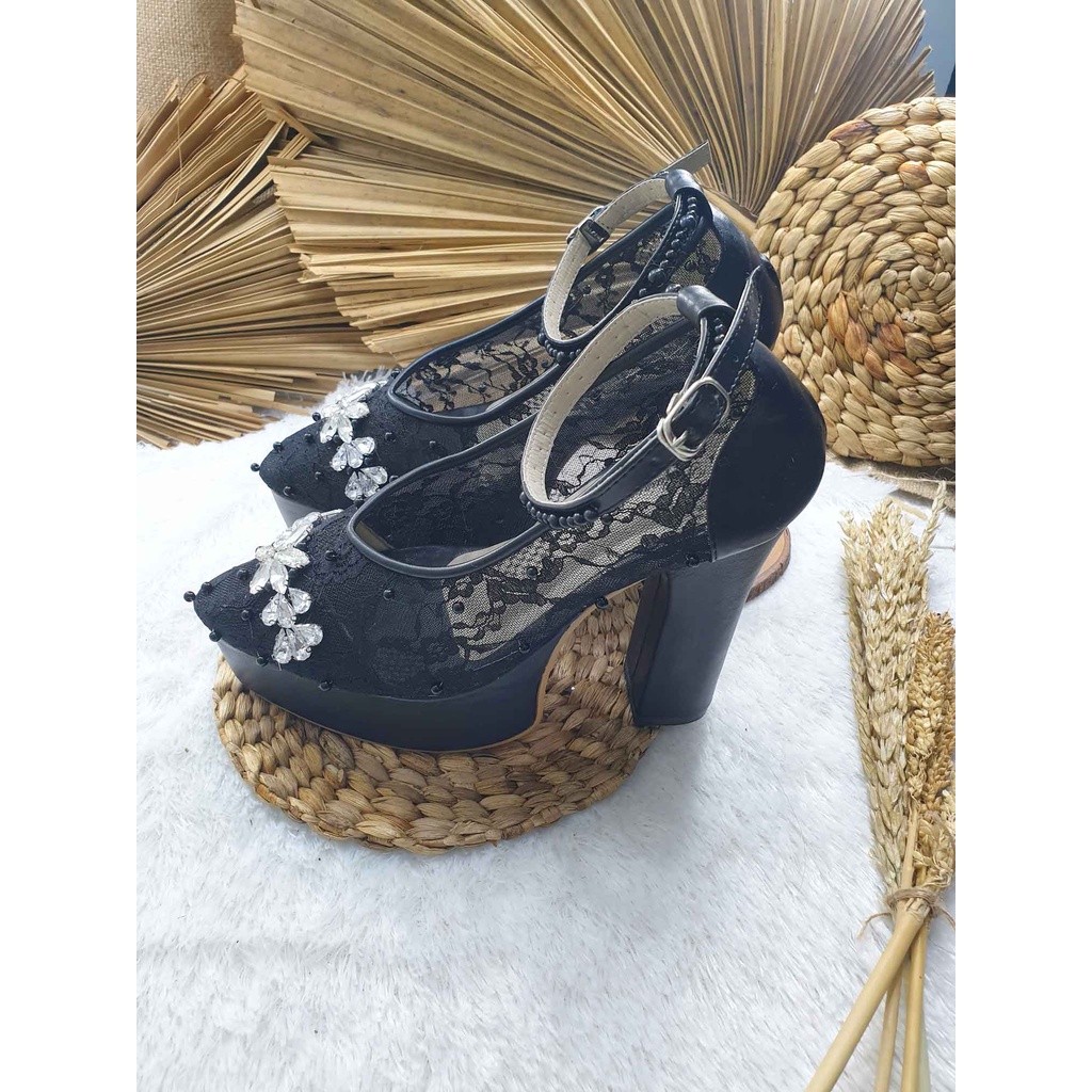 sepatu wedding wanita hitam cantik brukatan 12cm