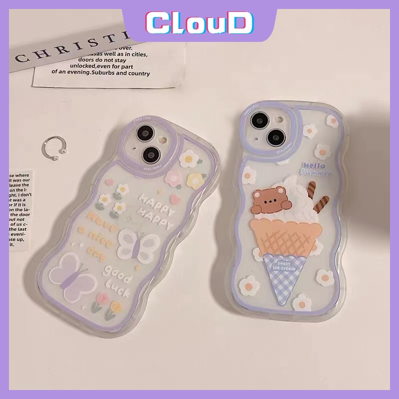 Ice Cream Kartun Beruang Lucu Case Samsung A04s A50 A04 A14 A13 A22 A32 A03s A02s A23 A11 A53 M32 A33 A30s A21s A20 A51 A03 A12 A52 A50s A52s A31 Wavy Edge Fresh Flower Soft Cover