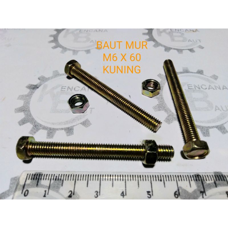 BAUT MUR M6 X 60 KUNING / BAUT MUR M6 X 60 KUNINGAN KUNCI 10 PANJANG 6 CM