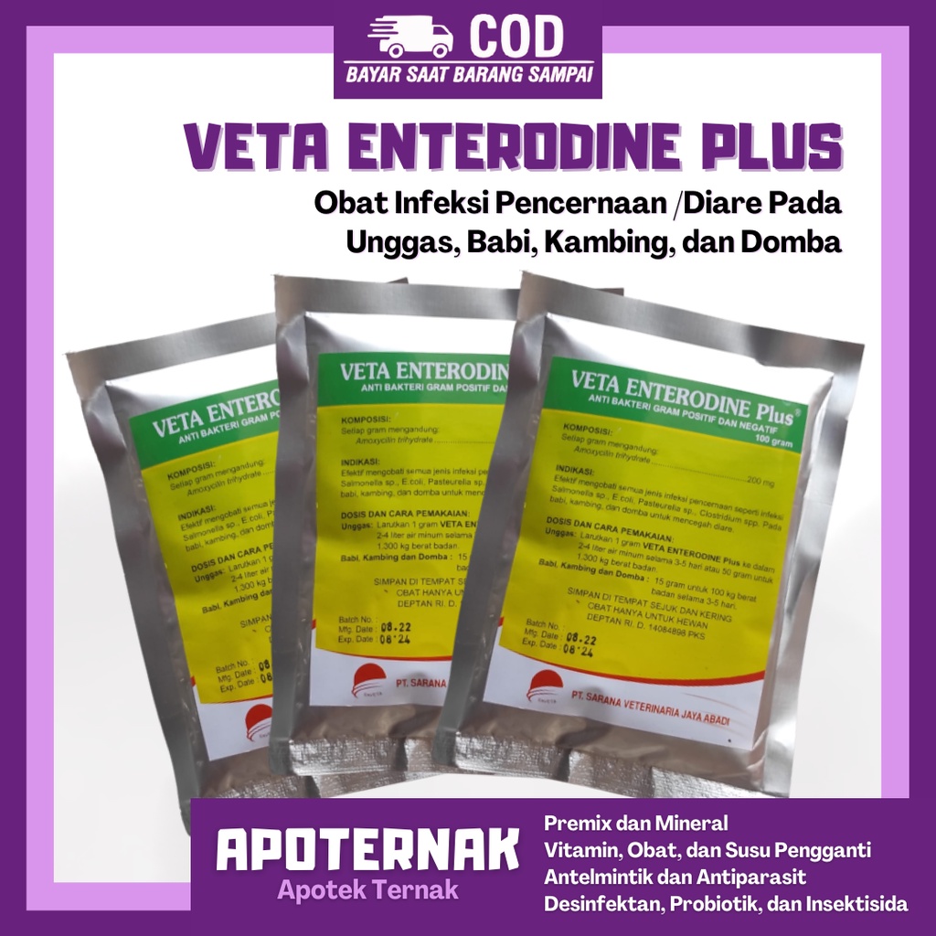 VETA ENTERODINE Plus @100 gr | Obat Diare Mencret Pada Ayam Unggas Kambing Domba dan Babi | SAVETA