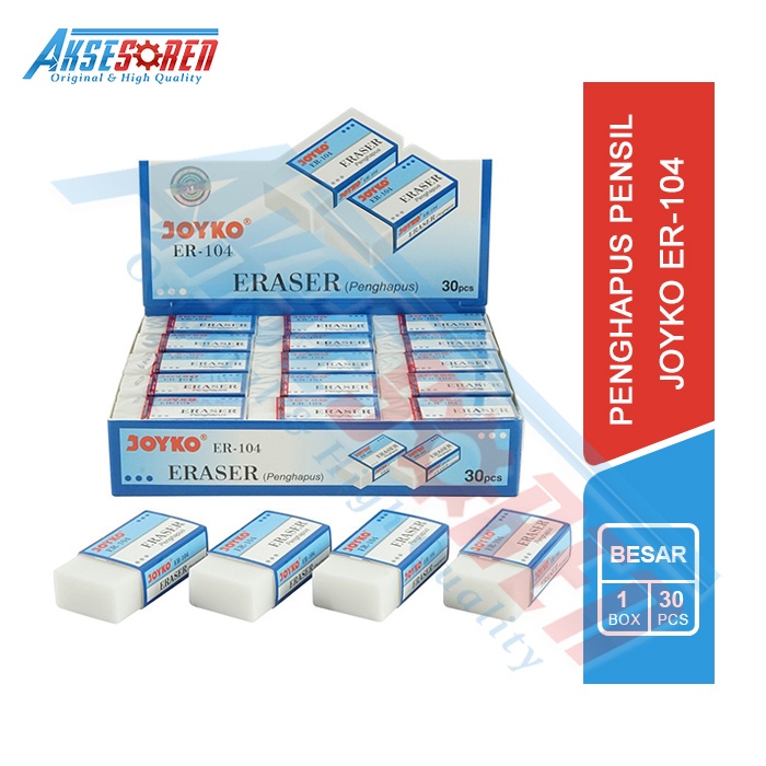 

Aksesoren Penghapus Pensil Putih Besar Joyko ER-104 [1 Box/30 Pcs] / Eraser Wthite Pencil Joyko / Penghapus Joyko ER-104 1 Pak / Penghapus Pensil Warna Putih 1 Pack / Alat Tulis Sekolah / Perlengkapan Sekolah