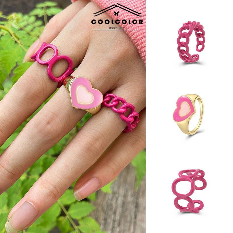 COD❤️3PCS Heart Geometry Rings Cincin Geometri Jantung Cincin Mode Menetes Minyak yang Dapat Disesuaikan untuk Aksesoris Perhiasan Wanita- cl