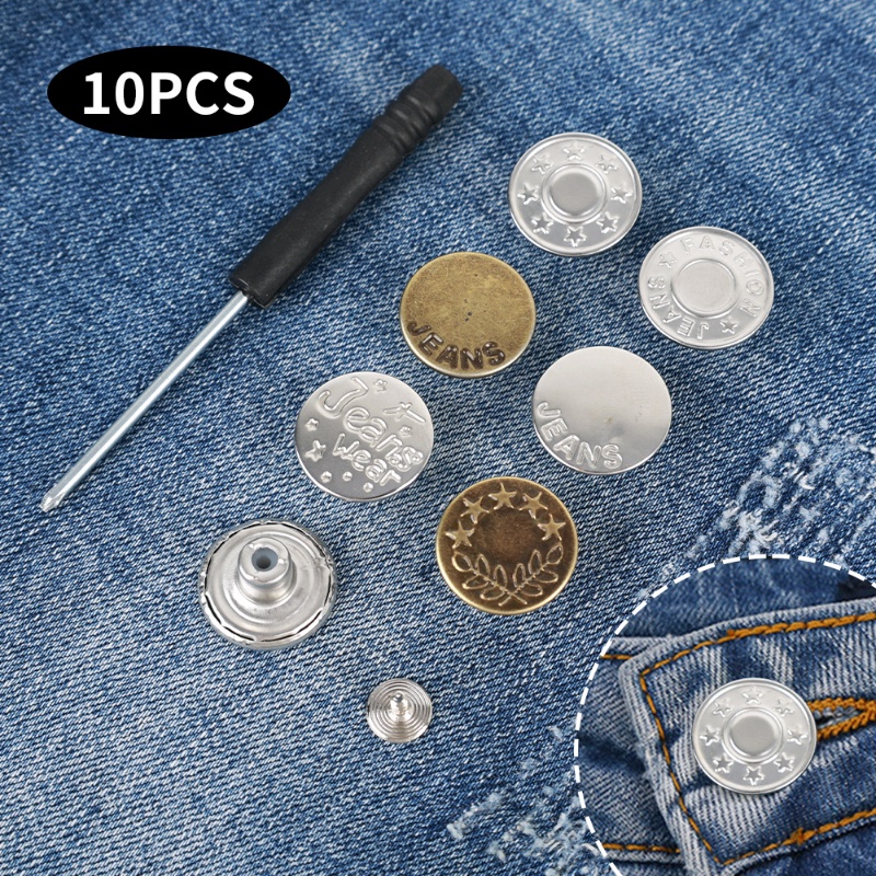 10pcs / Set Kancing Sekrup Bahan Metal Warna Silver Perunggu Dapat Dilepas Dapat Disesuaikan Untuk Celana Jeans