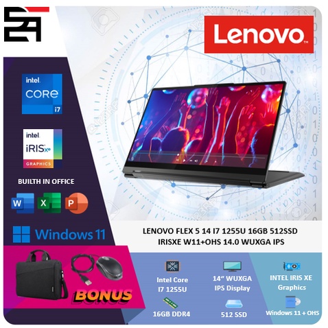 Lenovo Ideapad  Flex 5 14 i7 1255U 16GB 512GB SSD Iris Xe W11 OHS 14 Inchi WUXGA IPS BLIT PEN