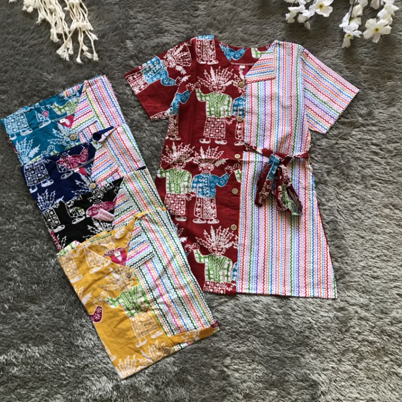 Dress Batik Anak Ondel Lurik Biru Navy Toska Kuning Merah Hitam Dress Batik Anak Perempuan Katun