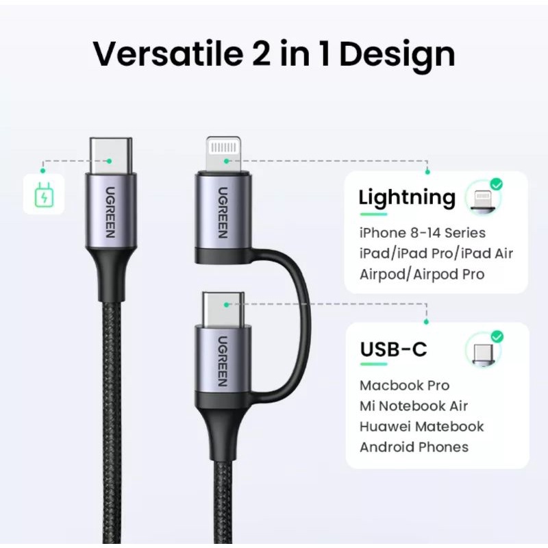Ugreen 2in1 USB C to Lightning + Type C Braided Cable Mfi Certified PD Fast Charghing