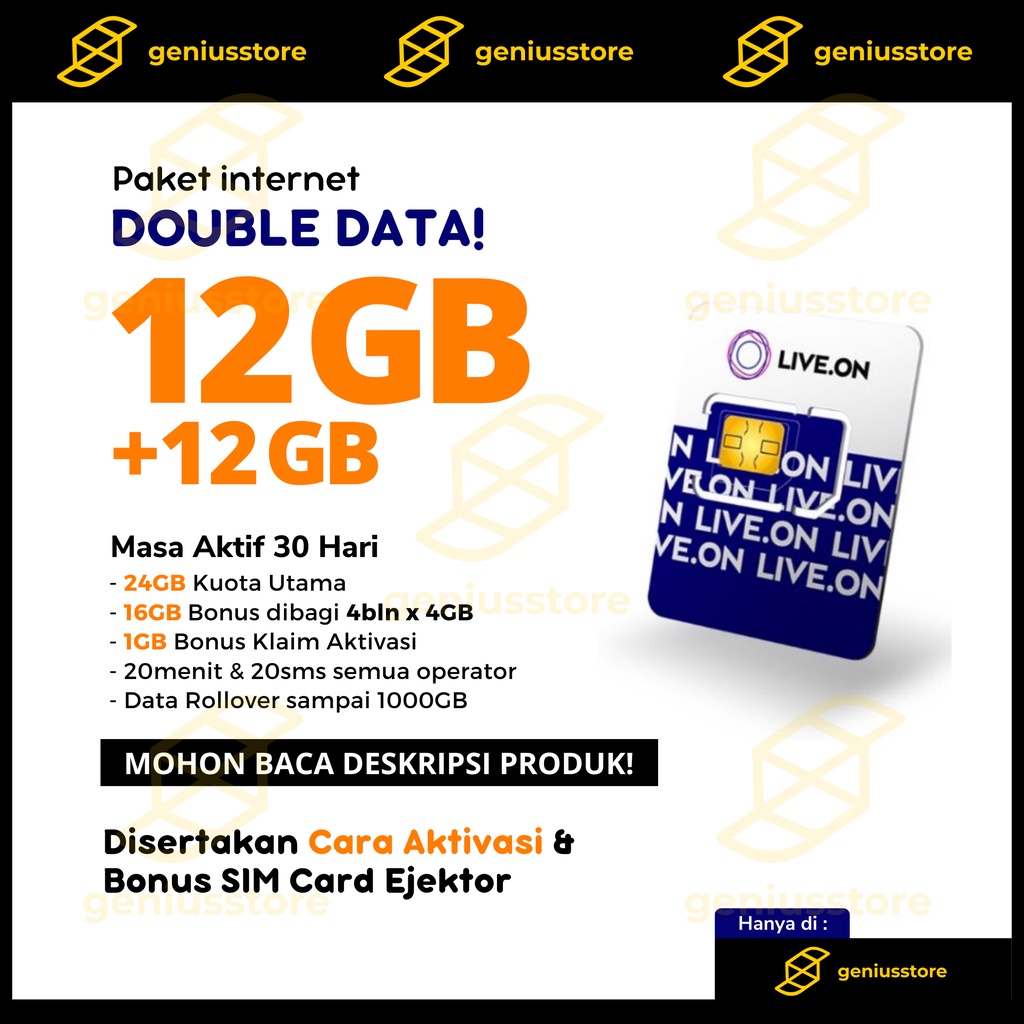 Kartu Perdana Live.On | LiveOn 12gb + 12gb Bonus 30 Hari Paket Double Data Live On XL Axiata 4.5G