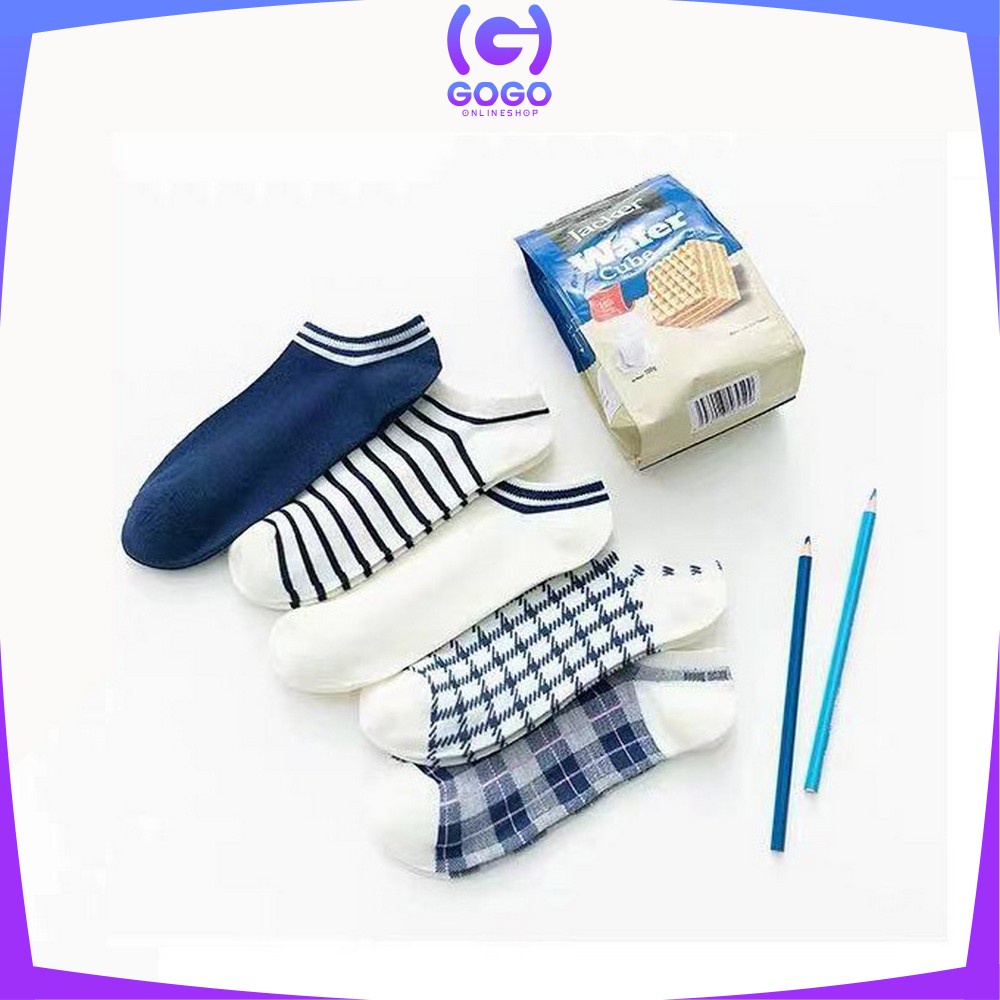 GOGO-P187 Kaos Kaki Pendek Wanita Motif Kotak Biru / Kaus Kaki Pendek Wanita Dewasa / Ankle Sock Fashion Korean Style