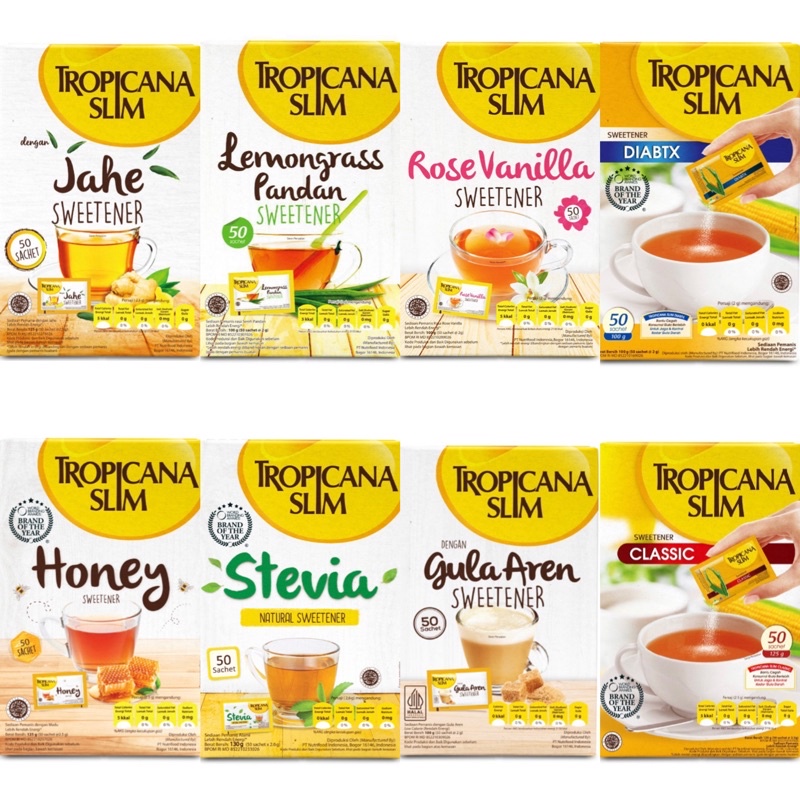 

Tropicana Slim Sweetener 50 Sachet / Tropicana / Slim / Sweetener / Classic / Gula Aren / Stevia / Honey / Diabtx / Rose Vanilla / Lemongrass Pandan / Jahe / Pemanis / alami / untuk / Bantu / Batasi / Gula / Diabetes