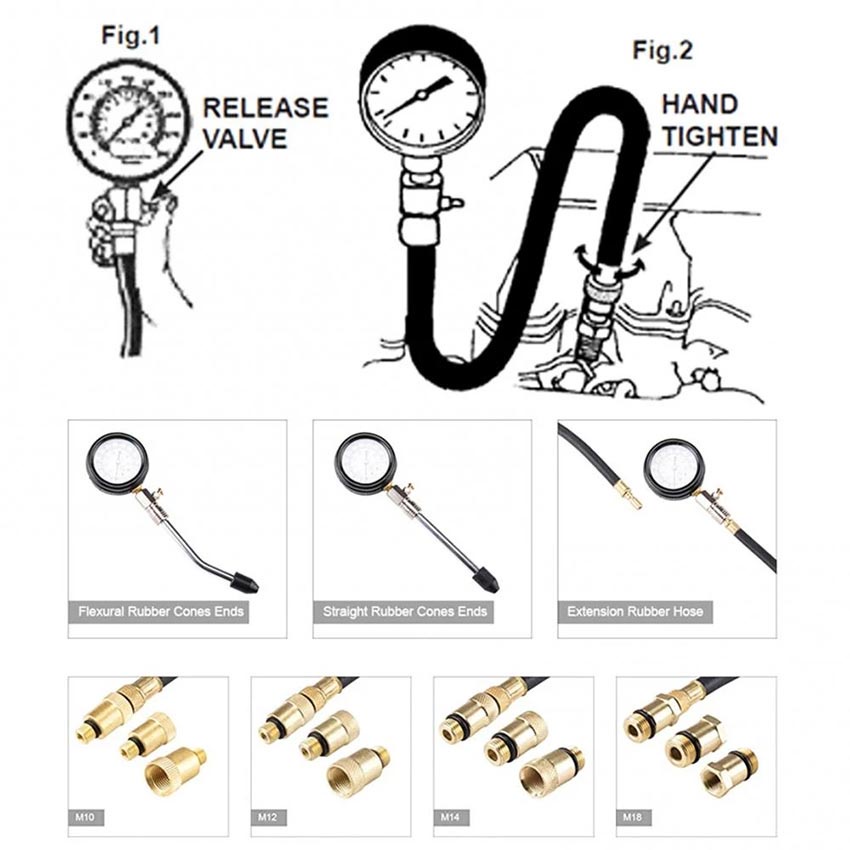 8Pcs / Set Tester Kompresi Silinder Mesin Mobil Alat Cylinder Compression Tes Kebocoran Kompresi Pengukur Tekanan Gas Mesin