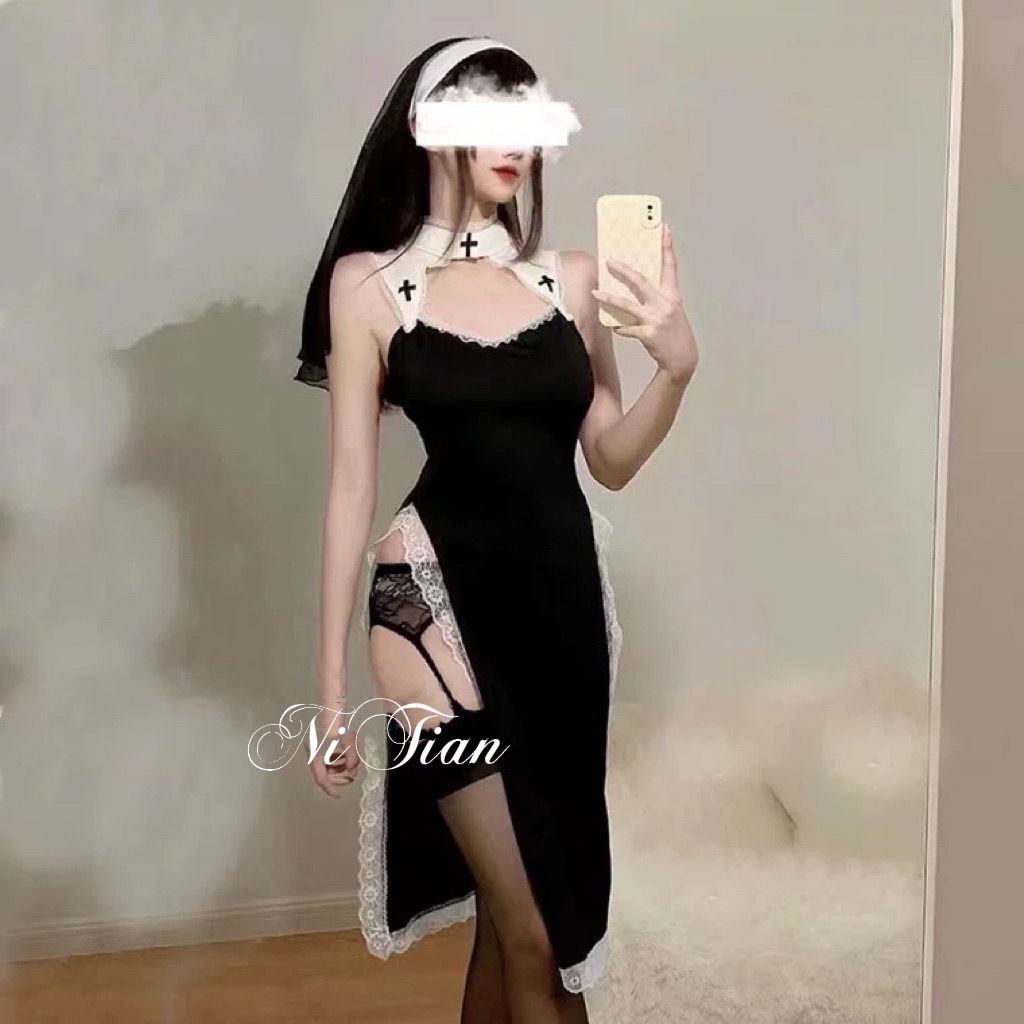 Anda manis: Sexy cross-dressing cos biarawati seragam gaun renda celah tinggi berongga gaun jangkar backless