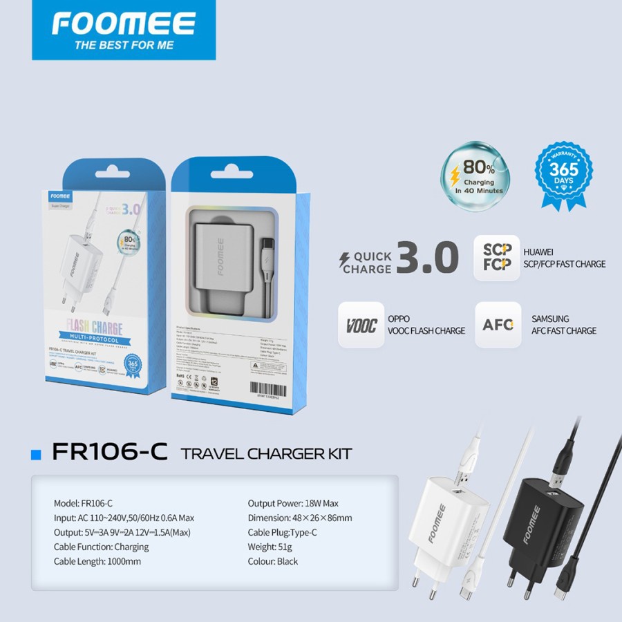 Foomee FR106-C Charger Set Type C Multi Protocol Quik Charge 3.0A 18W