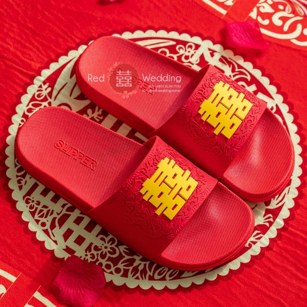 [Logo Big Xi] Sandal Merah Bahan KARET Pengatin Groom /Bride  Sepatu Wedding dengan Logo Shuang Xi Sanghi