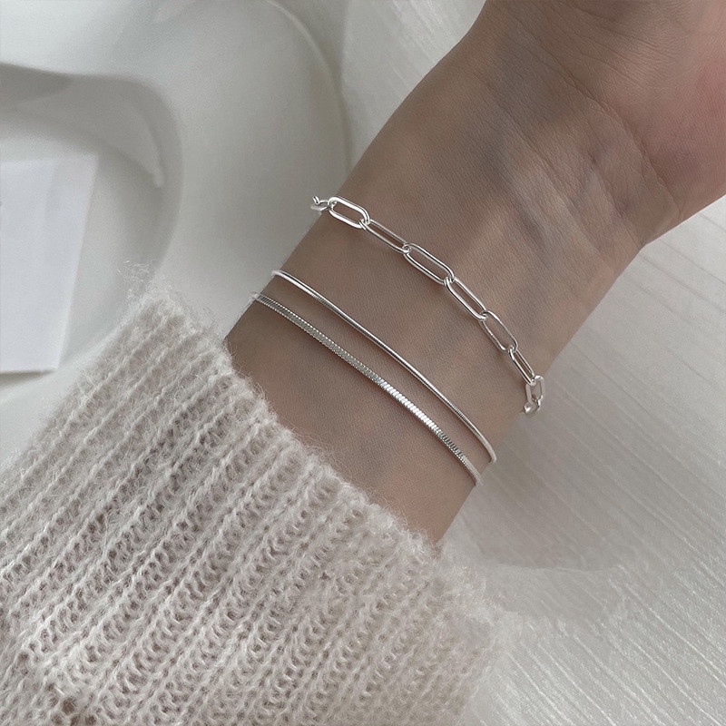 Roselife Gelang Tangan Rantai Lapis Silver S925 Aksen Manik-Manik Geometri Untuk Perhiasan Wanita