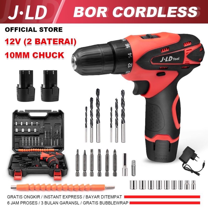 JLD 12V mesin bor baterai 10mm bor cas 2 baterai bor batre set bor cordless include mata koper kayu/