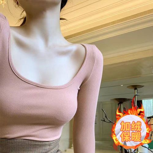 Red Musim gugur dan musim dingin baru seksi ditambah beludru ketat terkena tulang selangka dada besar U-neck atasan dengan semua-cocok T-shirt bottoming kemeja lengan panjang