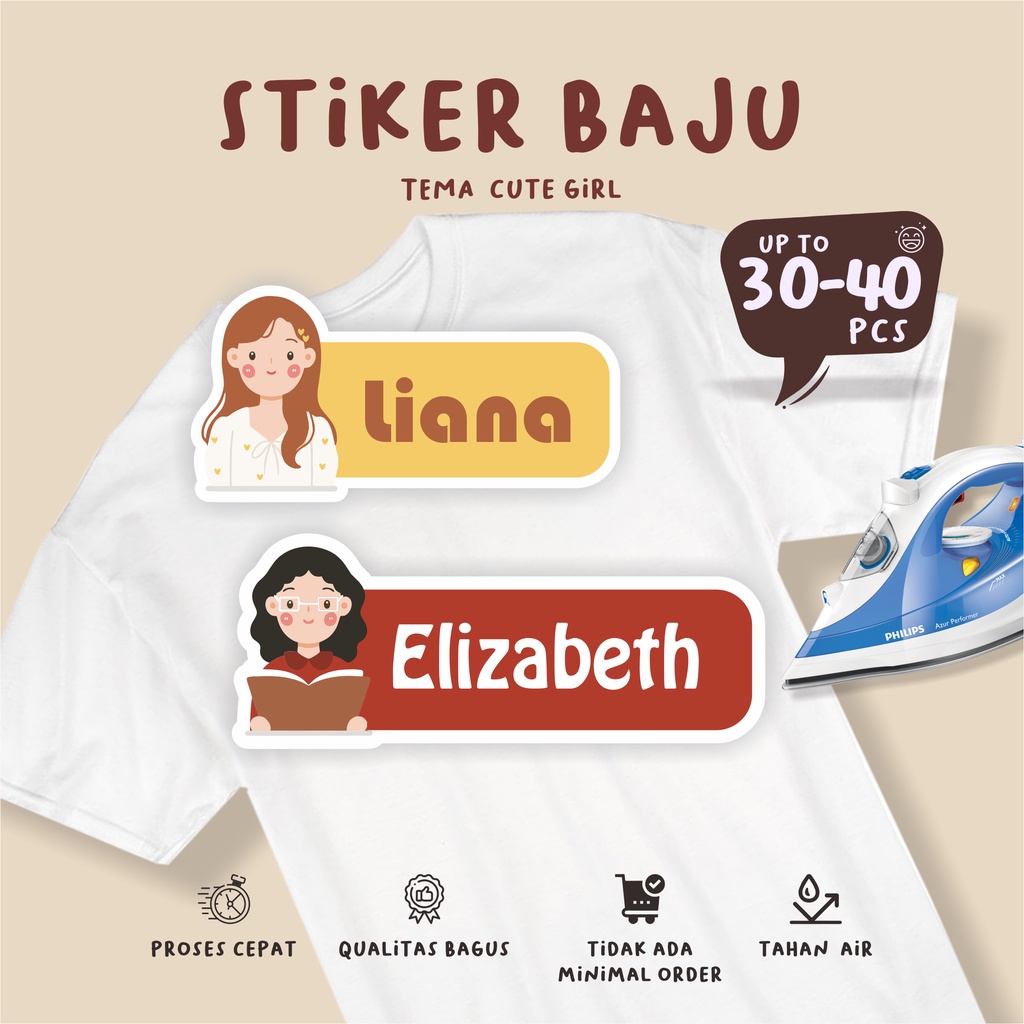 

(30-40pcs)Murahh Stiker sablon Kain/free custom nama/ Label Baju Nama Anak tema PEREMPUAN / Sablon Setrika Name /Label Sticker Iron on sticker a