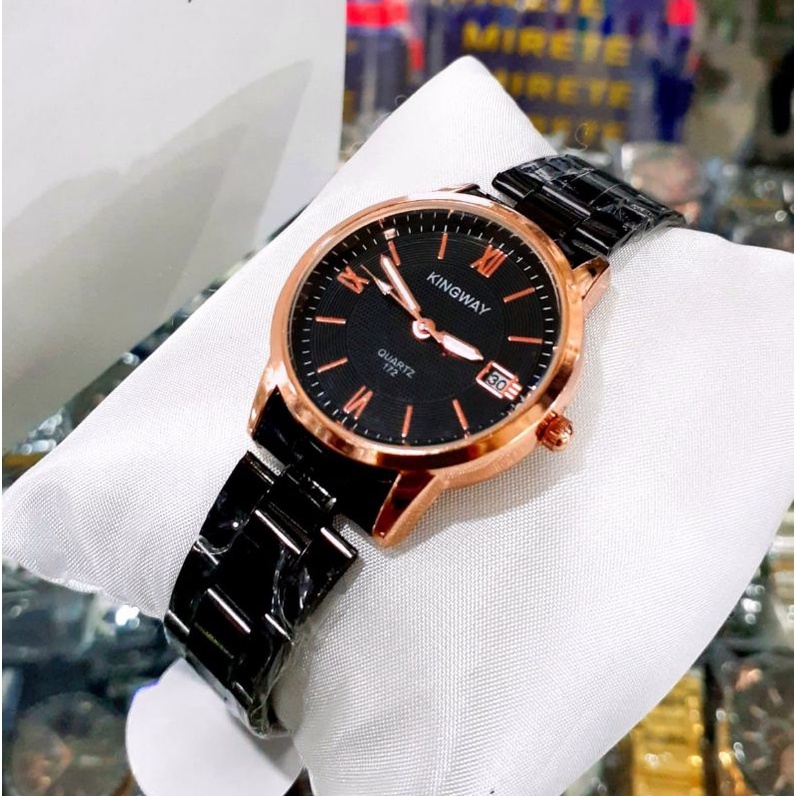 Jam Tangan Cewek Strap Rantai Kingway | Tanggal aktif Rantai Stainlees steel Warna Hitam Rosgold | Jam Tangan Kasual Wanita Quart  Analog