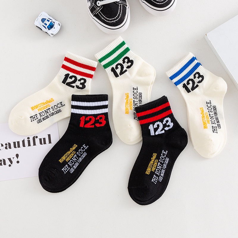 Kaos Kaki Anak Motif Angka Desain Fashion Kasual 1 Set 5 Pasang Kualitas Bahan Tebal KAAF