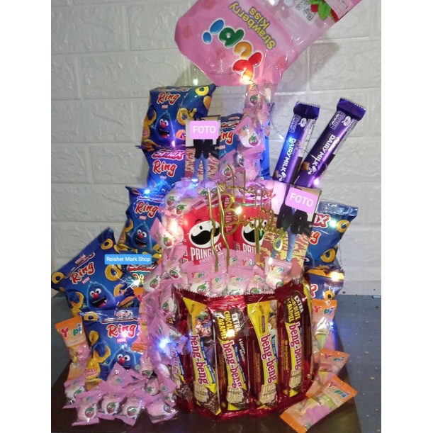 

Tart Snack Tower Snack Birthday permen tumpah - bisa custom isi snacknya