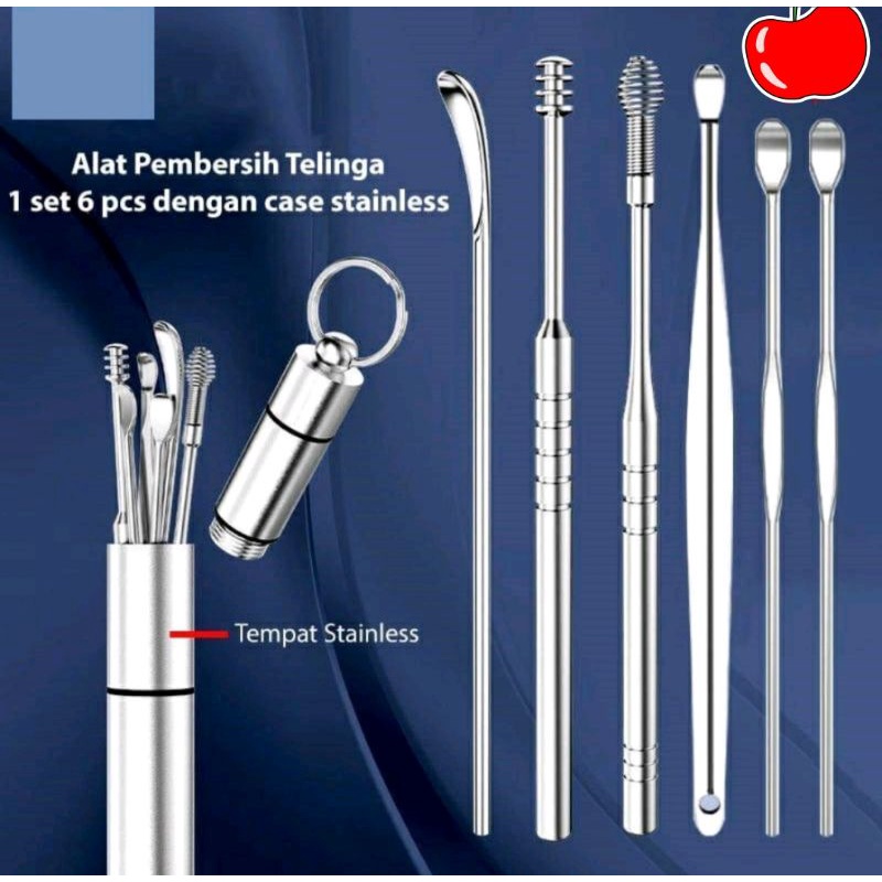 Alat Pembersih Telinga Korek Kuping Spiral Set 6 Pcs Stainless Steel / Ear Wax  Picker 6 Pcs / Stainless Steel Anti Karat