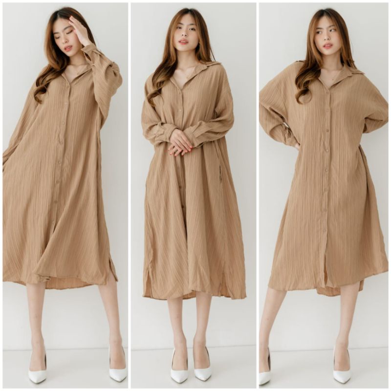 ♡ PREMIUM ♡ ORIGINAL !  MAHEERA BIG SIZE JUMBO PLEATED CRINKLE COLLAR BUTTON LONG SLEEVE MIDI LOOSE DRESS WITH BELT ( BUSUI , HIJAB &amp; BUMIL FRIENDLY )