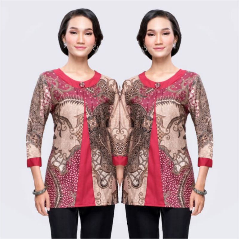 Blouse Batik Wanita Jumbo Modern XXL XXXL Atasan Wanita Big Size 4L-5L Lengan ¾ Seragam Batik SKJ