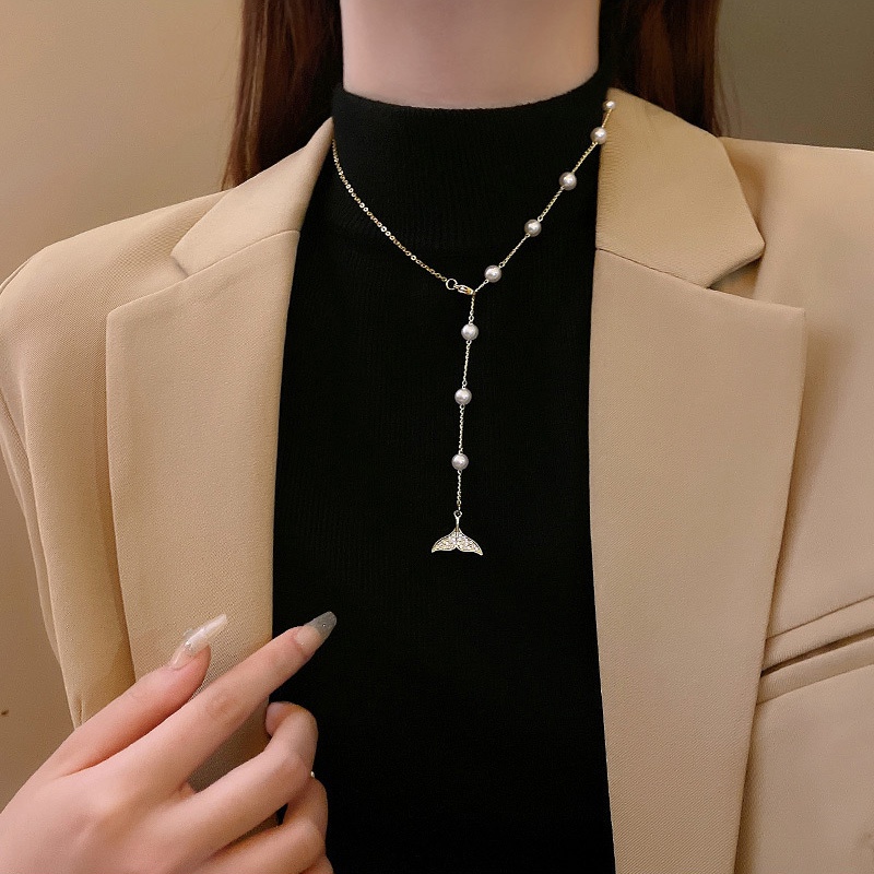 Kalung Choker Model Rumbai Panjang Aksen Mutiara Untuk Wanita