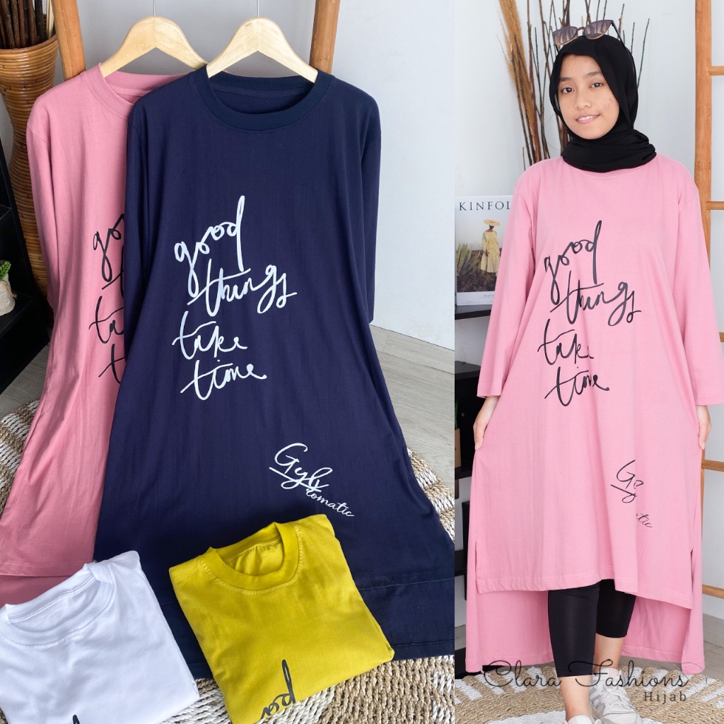 Kaos Midi Dress Wanita Kekinian / Long Tunik Kaos Wanita Bahan Cotton Combed 24s LD 120 PB 101 PT 46