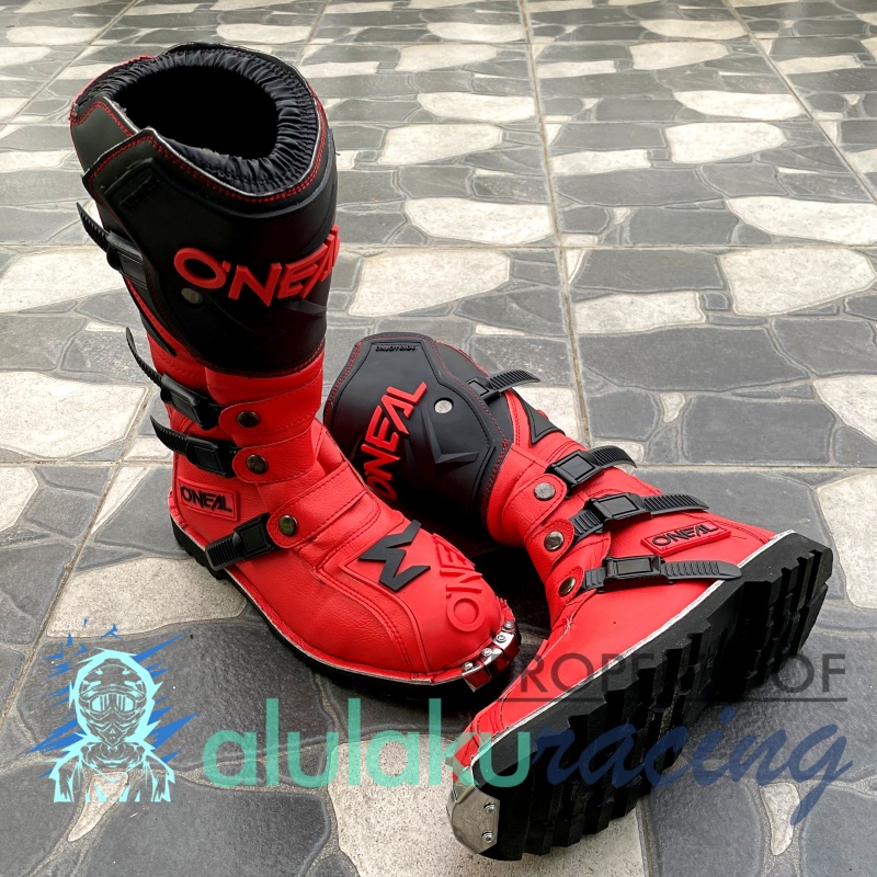 Sepatu Trail Boots with Protector Motocross MX Lokal Premium Best Quality - Black in Red