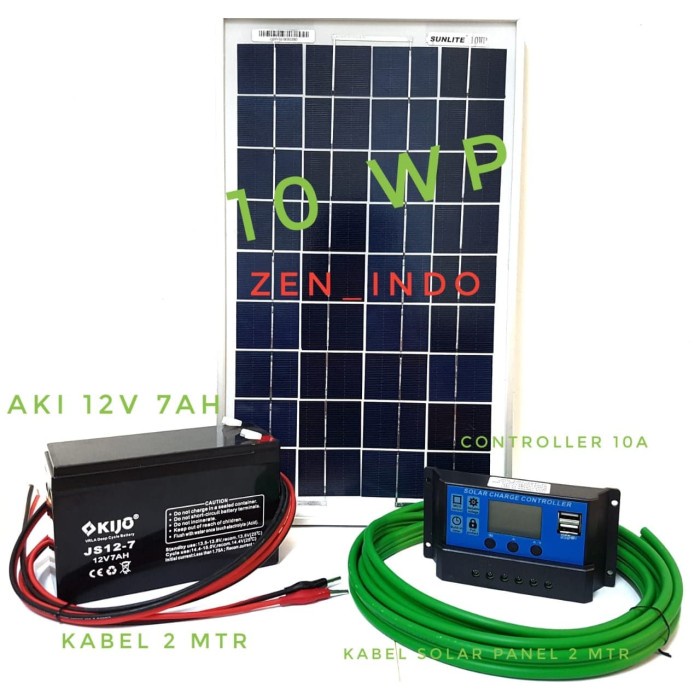 Sun Paket Hemat Solar Panel Surya 10Wp, Solar Controller 10 A, Aki 12V 7Ah