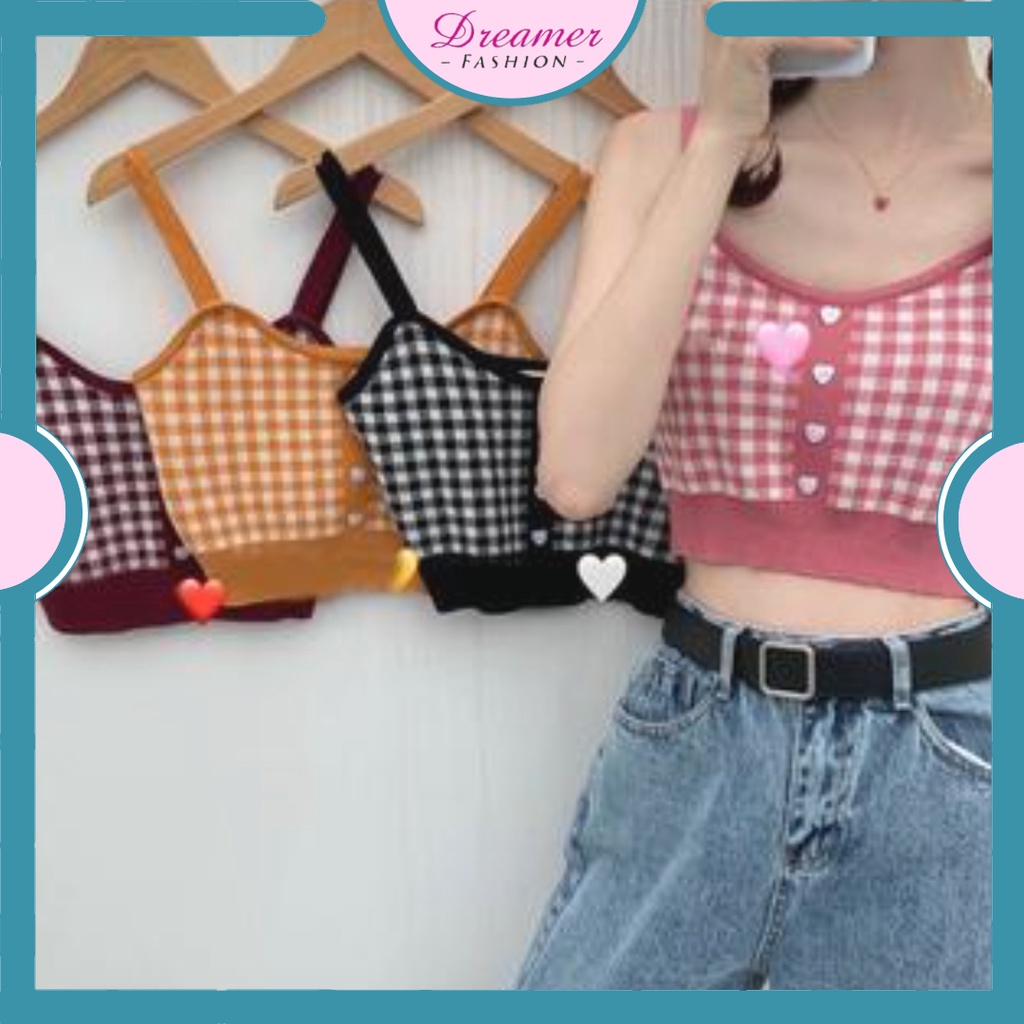 DF BJ337 TankTop Crop Wanita Motif Kotak - Kotak Korean Square Knit Tanktop Fashion Tanpa Lengan