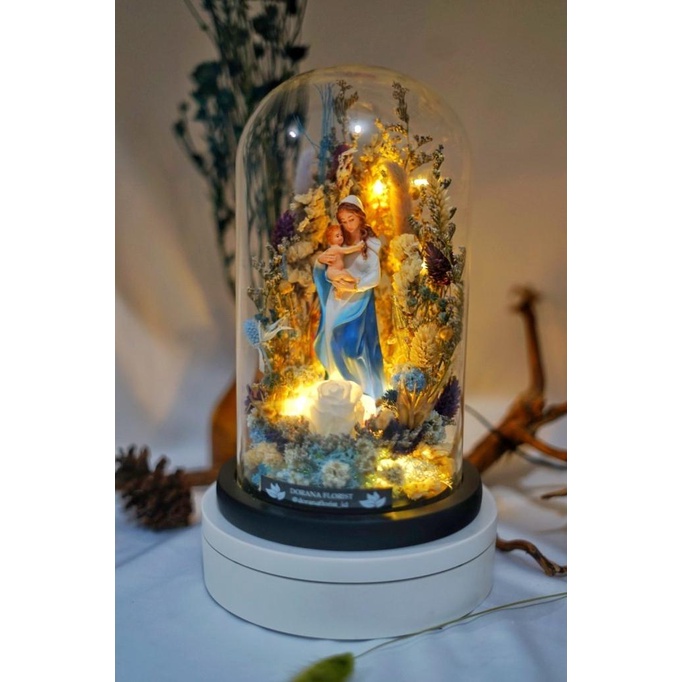 Flower Glass Dome Spesial Natal Bunda Maria Built in LED 12 x 22 cm