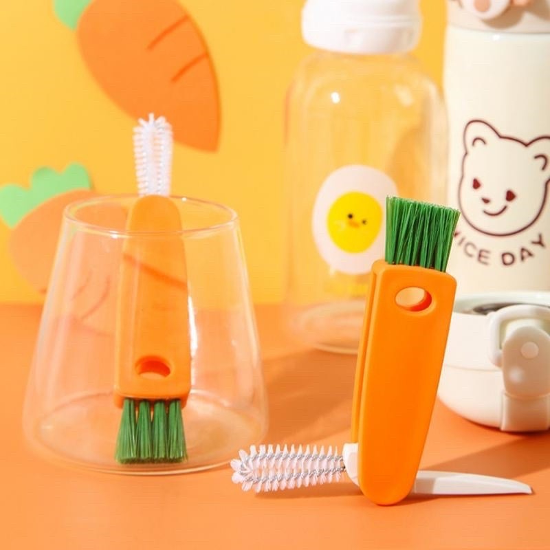 Sikat Pembersih Tutup Botol 3in1 Bentuk Wortel / Alat Cuci Sela Sedotan Dot Celah Mulut Botol Susu Bayi Twisted Cleaning Brush Serbaguna/Sikat Wortel