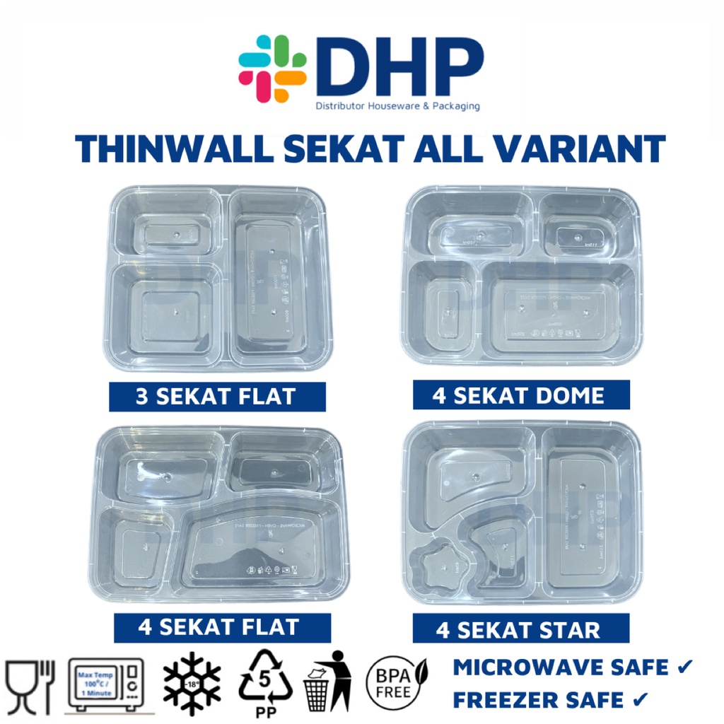 Thinwall Bento 3 Sekat FLAT + Tutup Box Kotak Nasi Plastik Food Container Kotak Makan (ECERAN)