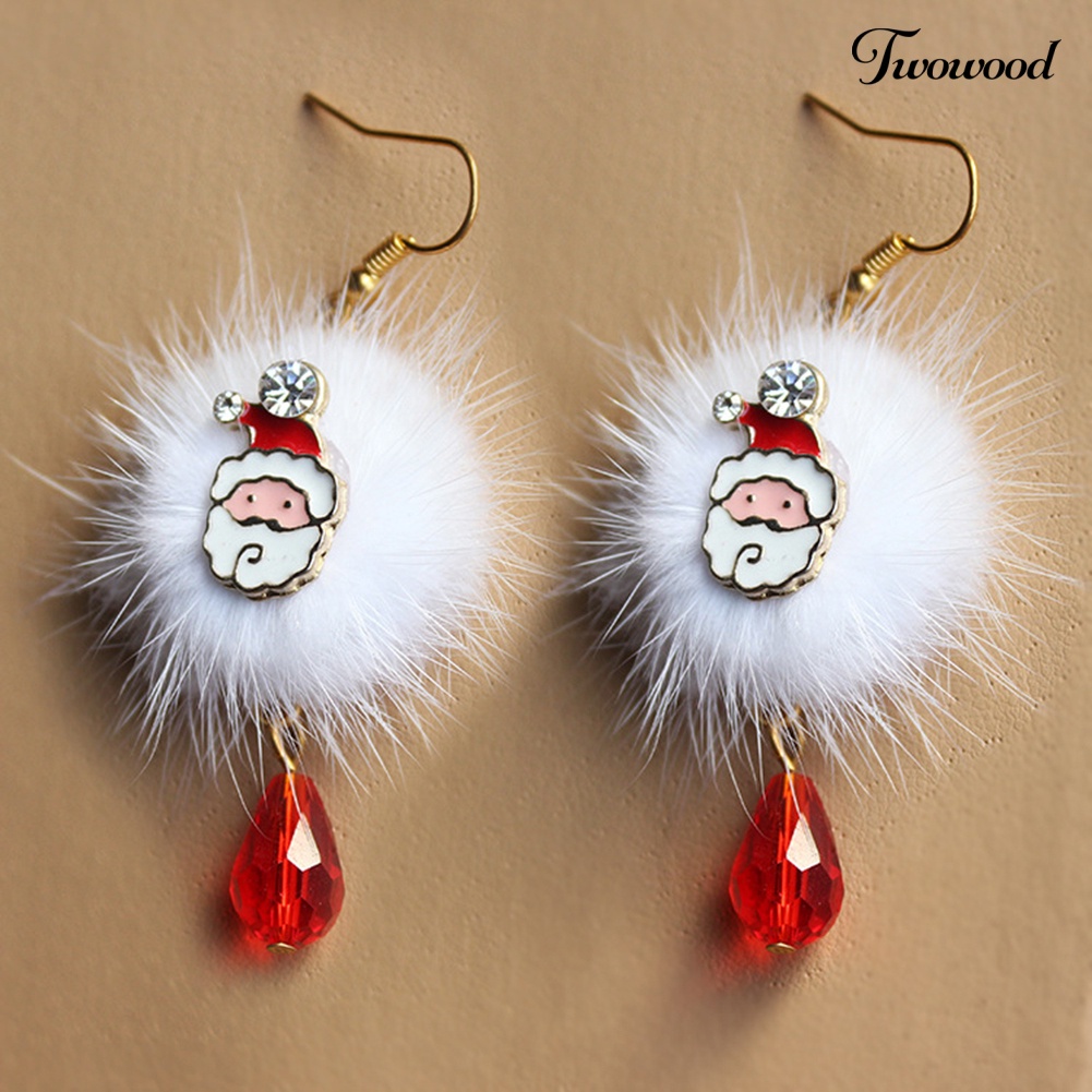 Anting Hook Desain Santa Claus Elk Pompom Aksen Berlian Imitasi Untuk Wanita