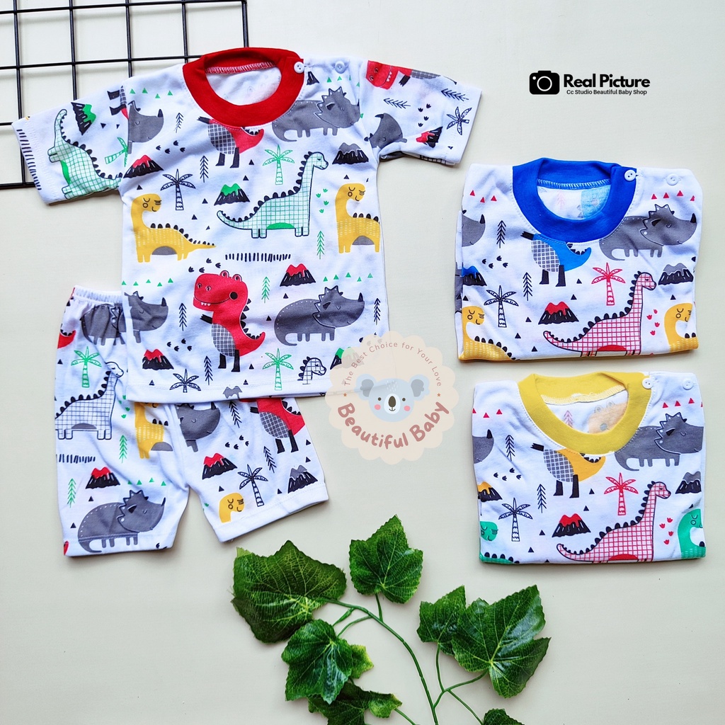 Baby.ou - Setelan Baju Bayi Lengan Pendek Celana Pendek SNI 3-12 Bulan Motif Dinosaurus / Setelan Harian Bayi Kazuka / Baju Bayi Pendek / Setelan Pendek Bayi