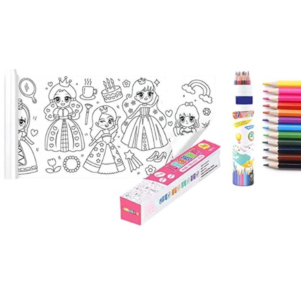 R-flower Children's Drawing Roll Daily Goods Theme Creative Gift DIY Painting Drawing Kertas Isi Warna Dengan 12pcs Pensil Berwarna