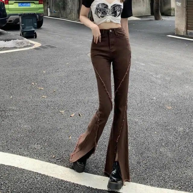 Suhao micro-flare versi Korea slim high-waisted wanita stretch micro-flare jeans celana panjang wanita all-match pelangsing kaki celana panjang trendi