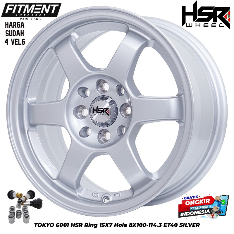 JUAL VELG MOBIL RACING PALANG 6 TYPE TOKYO 6001 HSR R15X7 H8X100-114,3 ET40 SILVER FREE PASANG