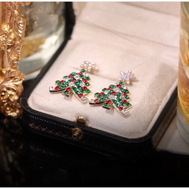 1 Pasang Anting Bentuk Pohon Natal Aksen Berlian Imitasi Warna-Warni Untuk Wanita
